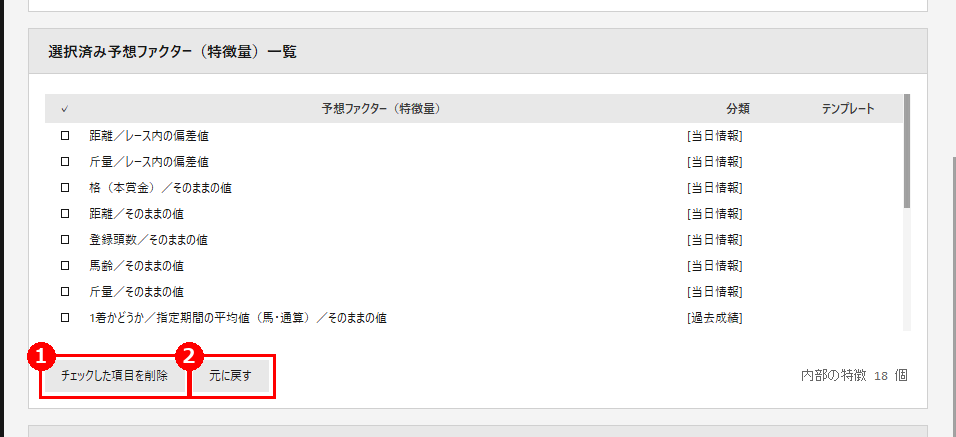 選択済み予想ファクター（特徴量）一覧。赤枠❶が［チェックした項目を削除］、❷が［元に戻す］