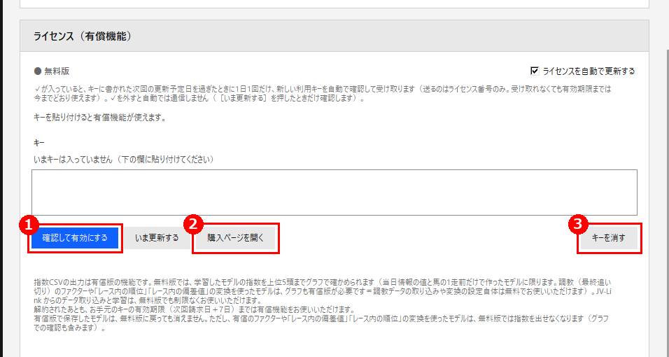 設定画面の「ライセンス（有償機能）」。赤枠❶が［確認して有効にする］、❷が［購入ページを開く］、❸が［キーを消す］